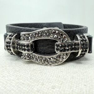 Sigal‎ Black Leather Bracelet With Rhinestone Buckle Snap Closure